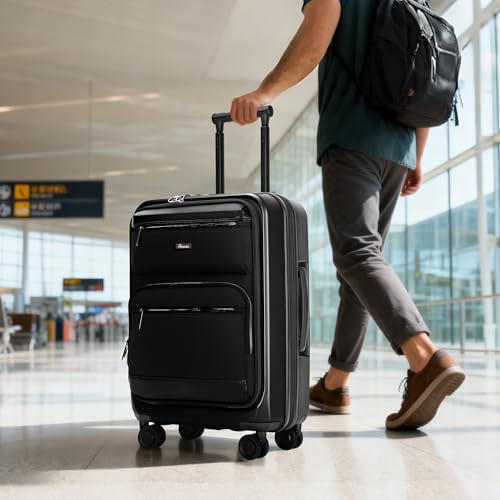 Pirtecin Luggage Sets 2 Piece, Carry On Luggage with Front Pocket & USB Port and 28 Inch Expandable Checked Luggage, Hybrid Soft Front & Hard Shell Suitcases with Spinner Wheels & TSA Lock, Black