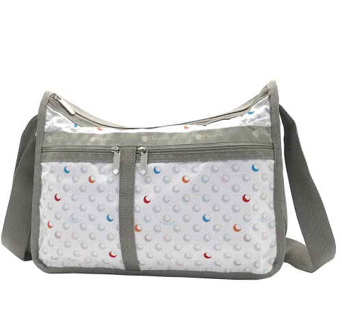 LeSportsac Sunlit Bubbles Deluxe Everyday Crossbody Bag + Cosmetic Bag, Style 7507/Color E553, Crisp White w Playful Bubbles, Vibrant Shades of Red, Blue, Orange, Muted Shades of Pink, Lt Blue & Khaki