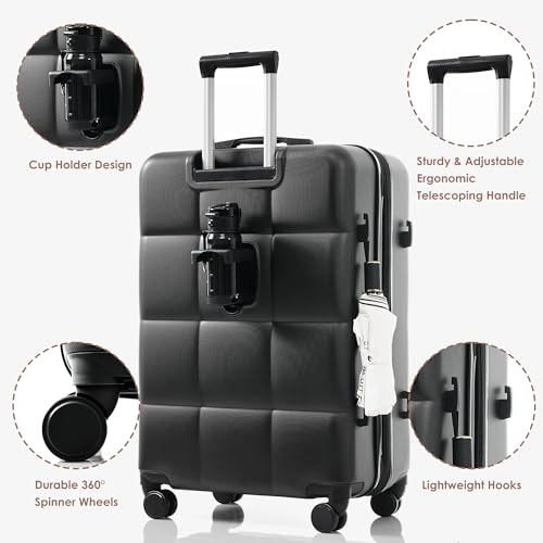 Merax USB Port 3pc ABS Hardside Luggage Sets Expandable Spinner Wheels, All Black, 20/24/28 Inch