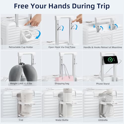 HanTrip Hard Shell Suitcases Expandable Travel Luggage Sets 3 Piece, Carry on and Check in 3 Piece Luggage Suitcase Sets with Spinner Wheels Cup Holder Charger Built in (White, 20/24/28)