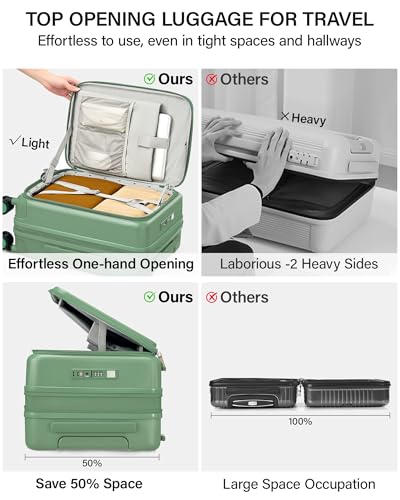 Hanke 20 Inch Expandable Carry On Luggage with Cup Holder 22x14x9 Airline Approved, Top Opening Hard Shell Suitcases with Wheels, Carry-On Travel Suitcase Trunk Luggage with Lock, Forest Green