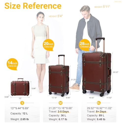NZBZ Vintage Luggage Sets of 2, Vintage Suitcase Set for Women and Men, Cute Retro Luggage Sets Vintage Handmade Zipper Retro Trunk Luggage (Caramel Brown, 14inch & 28inch)