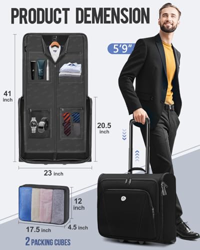 MATEIN Rolling Garment Bag with 2 Packing Cubes, Large Check-in Travel Garment Bags with 17.3 Inch Laptop Compartment, Wrinkle Free Wheeled Business Softside Suitcase Luggage for Men and Women, Black