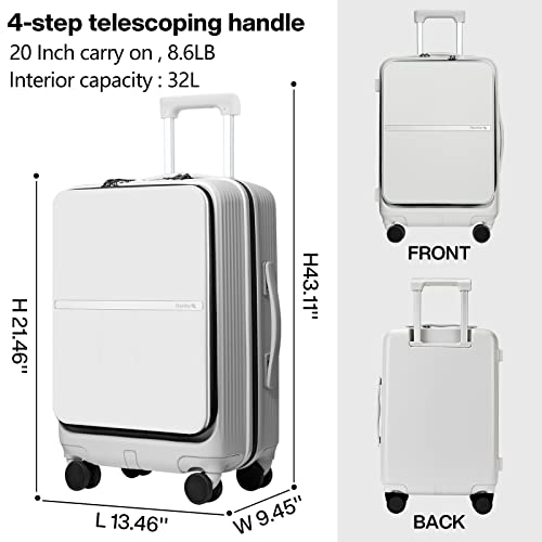 Hanke 20 Inch Carry On Luggage Airline Approved Hard Shell Suitcases with Wheels & Front Pocket Travel Luggage Lightweight Carry On Suitcase for Travel Rolling Luggage(Grayish white)