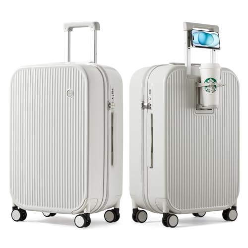 mixi Checked Luggage with Cup Phone Holder Hard Shell Rolling Travel Suitcase with Spinner Wheels,24 Inch Smoke White
