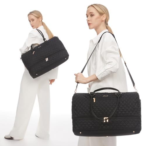 LOVEVOOK Travel Duffle Bag for Women, Weekender Overnight Bag with Shoe Compartment, Carry on Case with Toiletry Kit, Gym Duffel Bag with Wet Pocket, Hospital bags for Labor and Delivery, 3 Pcs Set