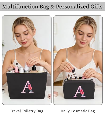 sevelly A-Z Personalized Makeup Bag 2 PCS, Birthday Gifts for Women Mom, Gifts for Best Friend, Bride Bridesmaid Cosmetic bag (A)