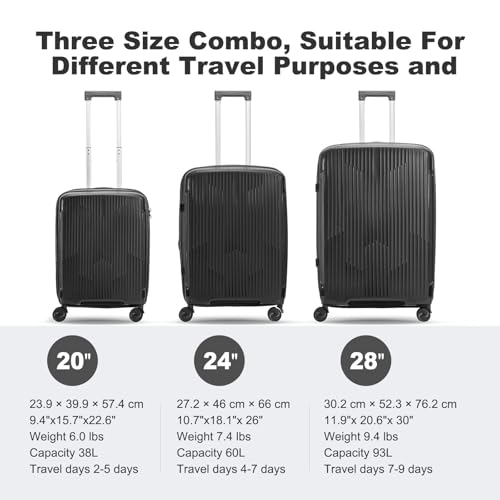 Nazhura Luggage Set, 3-Piece Hardside Suitcase Set, 20-inch Carry On, 24-inch, 28-inch Luggage (Dark Grey)