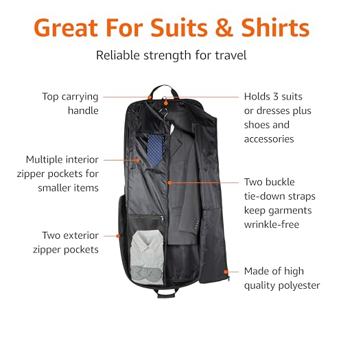 Amazon Basics 46" Premium Garment Bag for Travel, Suit Bag with Shoulder Strap for Suits and Dresses, 1680D Polyester Fabric, Exterior/Interior Pockets, Leather-reinforced Corners, Trifold, Black