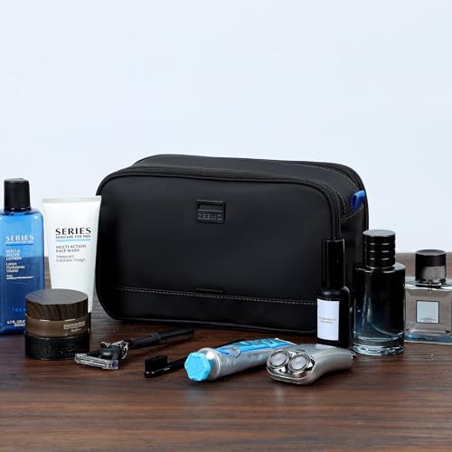 ZEEMO Large Toiletry Bag for Men, Water Resistant Travel Dopp Kit, Double Sided Full Open Shaving Grooming Organizer, Bathroom Accessories & Cosmetics Case, Black