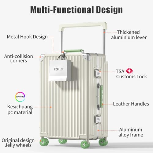 ROPLUS Aluminium Frame Carry on Luggage with Smooth Jelly Wheels, Hardside Zipperless Rolling Suitcase with TSA Lock (WhiteGreen, 21-Inch)
