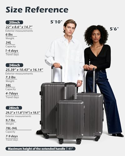 Coolife Luggage 3 Piece Set PC+ABS Hardshell Suitcases with TSA Lock, Spinner Lightweight (grey, 3 piece set)