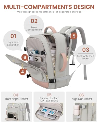 LOVEVOOK Travel Backpack For Women, 40L Carry On Backpack Flight Approved, TSA Personal Item Travel Bag Fits 17 Inch Laptop, Business Weekender Overnight Waterproof Daypack With 2 Cubes, Grey-Pink