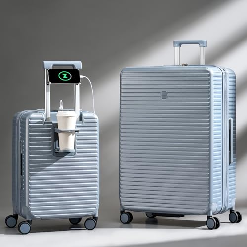 HanTrip Hard Shell Suitcases Airline Approved 20 Inch Carry on Luggage with Wheels, Expandable Travel Luggage with Cup Holder Charger Built in Lightweight Small Suitcase, Silver