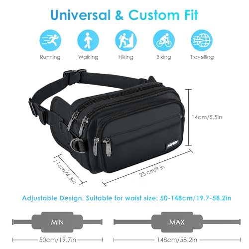AGPTEK Fanny Pack for Women Men, RFID Large Capacity Waist Wallet Bag, Adjustable & Water Resistant Bum Belt Pouch for Travel, Running, Shopping, Hiking, Dog Walking, Cycling, Climbing-Black
