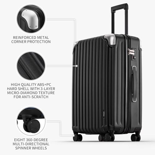 LEVEL8 Grace Luggage Sets Hardshell Suitcase with Wheels, Sturdy Large Suitcase Tsa Lock 20 Inch Expandable Carry on 24 Inch 28 Inch Checked Luggage, 3-Piece Set (20/24/28), Black