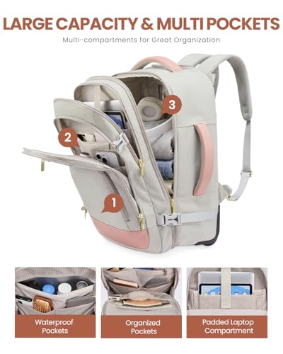 LOVEVOOK 50L Rolling Backpack with Wheels, 18 Inch Carry On Luggage for Women, Water Resistant Wheeled Travel Backpack, Flight Approved Underseat Trolley Bag for Business, Overnight Trips, College