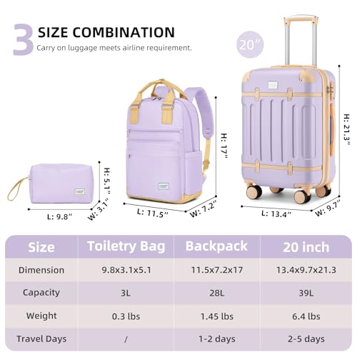 LARVENDER Luggage Sets 3 Piece Expandable Carry on Luggage 22x14x9 Airline Approved Hardshell Suitcase with Wheels TSA Lock, Lightweight Suitcase Set for Women with Travel Backpack, Lavender