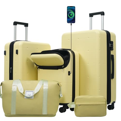 Merax Hardside Luggage Set 5 Piece with Bags,20IN Half-opening Carry on Luggage with USB Port, Expandable 24IN 28IN Luggage with Double Spinner Wheels TSA Lock, Yellow
