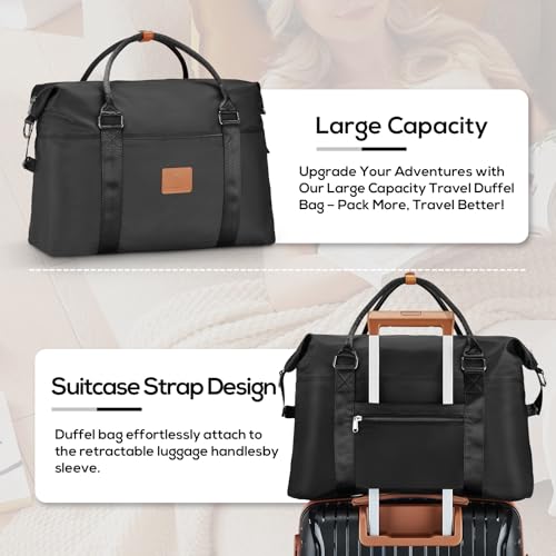 Joyway Travel Duffel Bag, Weekender Overnight Bag for Women, Sports Tote Gym Bag with Wet Pocket, Foldable Personal Item Travel Duffle Bag with Trolley Sleeve, Black