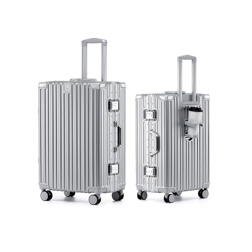 HotWay 26 Inch Aluminum Frame Luggage with Spinner Wheels, PC Hard Shell Suitcase with Cup Holder, Zipperless Luggage for Business Travel, Silver