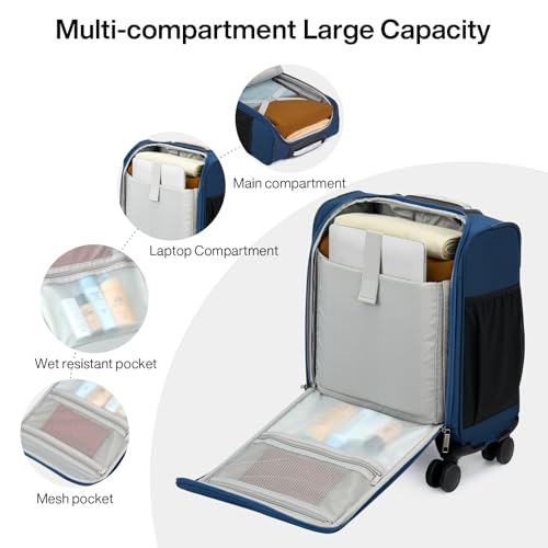 MILADA Underseat Carry On Luggage with Wheels, Airline Approved 16-inch Spinner Small Suitcase, Softside Travel Luggage, Personal Item Overnight Bag, Business Mini Suitcase for Women and Men, Blue