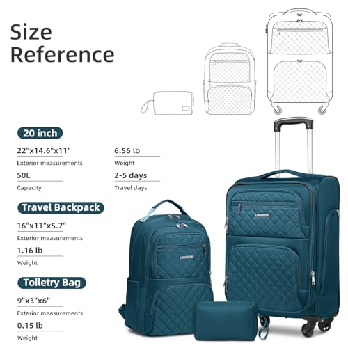 LARVENDER 3 Piece Luggage Set with Spinner Wheels - Expandable Softside 20 Inch Carry On Suitcase 22x14x9 Airline Approved,TSA Lock, Blue