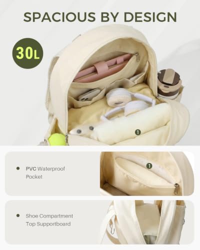 Movker Quilted Tennis Gym Backpack for women Tennis Bag Holds 2 Rackets with Top Panel & Ventilated Shoe Compartment Sports Duffle Bags with Wet Pocket & Fence Hook (Beige)
