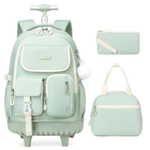 DIGOBAY Rolling Backpack for Girls, Girls Roller Backpack with Lunch Bag and Pencil Case, School Bookbag with Wheels for Elementary Middle High School Travel, Green