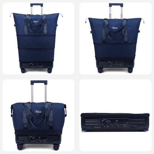Dufanxi Expandable Rolling Travel Bag with Removable Wheels & Handle, Large Capacity Wheeled Duffle Tote, Foldable Carry On Luggage for Women, Lightweight Weekender Overnight Bag (DarkBlue)