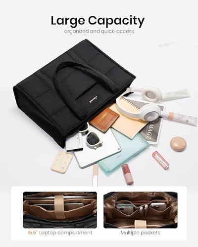 LOVEVOOK Laptop Bag for Women, Puffer Tote Bag for Work 15.6 Inch Large Computer Briefcase for Teacher Nurse, Quilted Lightweight Casual Shoulder Bag For Travel, Daily