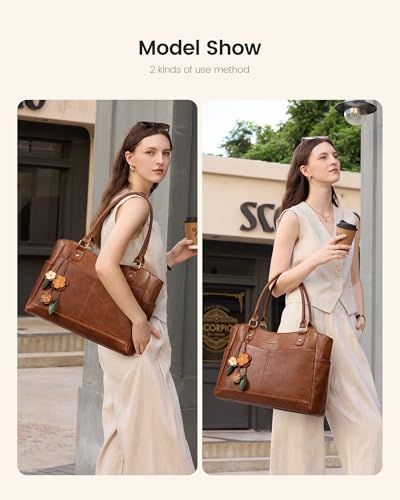 LOVEVOOK Laptop Bag for Women, 15.6inch Original Vintage Work Tote Bag Computer Office Teacher Bag with Large Cup Holder, Brown