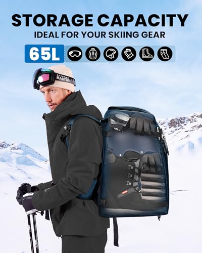 OutdoorMaster Ski Boot Bag, 65L Snowboard Boots Travel Backpack for Helmet, Ski Shoes, Goggles, Gloves, and Accessories, Waterproof Exterior & Bottom