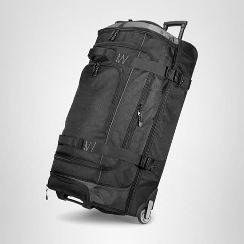Amazon Basics 30-Inch Large Rolling Duffel Bag with Wheels and Handle, Durable Ripstop Polyester, 2 Layers of Space, Multiple Interior and Exterior Pockets, Black