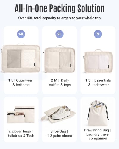 LIGHT FLIGHT 8 Set Packing Cubes for Travel, Durable Travel Essentials for Cruish Ship, Suitcase Organizer Packing Bags (8-Pack 1L+2M+1S+1Shoe Bag+2Toiletry Bags+1Laundry Bag)