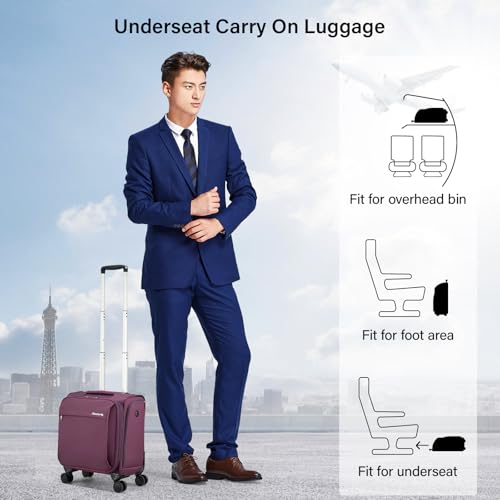 Hanke 16 Inch Underseat Carry On Luggage with Wheels Small Suitcase Softside Luggage Bags, 17.5 Foldable Lightweight Personal Item Travel Bags for Women Men(Purple)