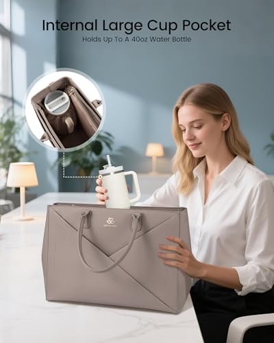 LOVEVOOK Laptop Tote Bag for Women with Large Cup Holder, 15.6 Inch PU Leather Work Bag Teacher Tote Bag, Waterproof Computer Bags Business Office Briefcase Handbag