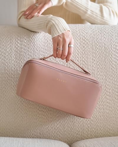 EACHY Travel Makeup Bag, Large Capacity Cosmetic Bags for Women, Waterproof Portable Open Flat Toiletry Bag Make up Bag with Divider and Handle, Gifts for Women (Pink, Large)