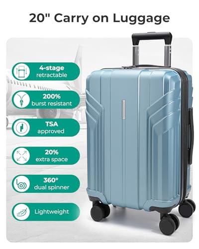 BAGSMART Expandable Carry On Luggage 22x14x9 Airline Approved, 20 Inch Travel Luggage with Spinner Wheels, Lightweight Hard Shell Suitcase Carry on Airy Blue