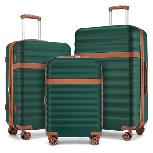Kono Luggage Set 3 Pieces Expandable PC ABS Durable Suitcase Hardside with Double Spinner Wheels Tsa Lock Green(20in/24in/28in)