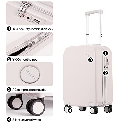 mixi Carry on Luggage, 20'' Suitcase Spinner Wheels Luggage Hardshell Lightweight Rolling Suitcases PC with Cover & TSA Lock for Business Travel, Off White（Slight Pink）