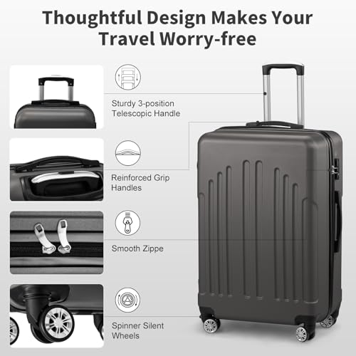 Karl home Luggage Sets 3 Piece, ABS Hardside Suitcase Set with Double Spinner Wheels & TSA Lock for Travel Business, 3-Piece Set (20/24/28), Dark Gray