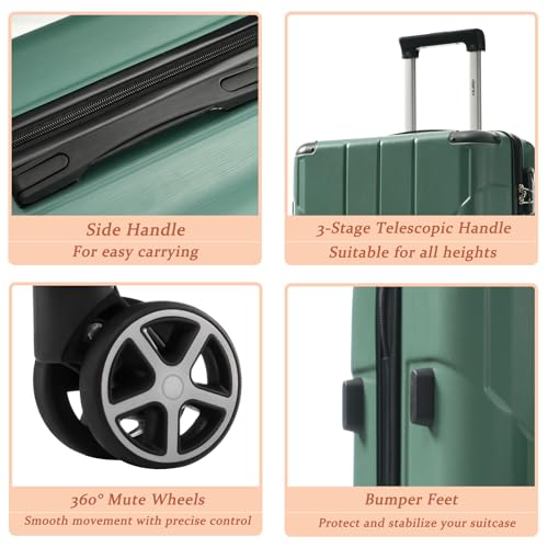 Merax Luggage Sets 3-Piece Hardshell with Spinner Wheels Lightweight Suitcase with Corner Guards (Green, 20/24/28)