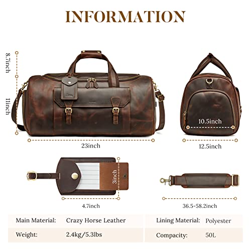 S-ZONE Genuine Leather Travel Duffle Bags for Men Women Carry On Garment Weekender Bags(Dark Brown)