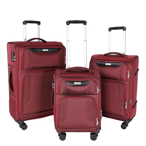 WireHot 3-Piece Softside Expandable Luggage Set with Front Open Pocket, Lightweight and Durable Oxford Fabric Suitcase Set with TSA Lock (Burgundy Wine Red, 20in/24in/28in)