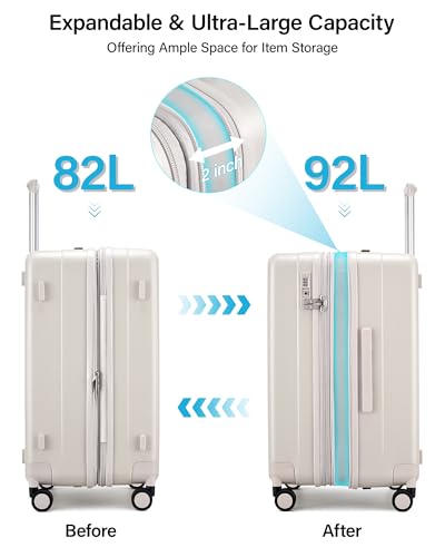 Hanke 24 Inch Plus Expandable Luggage Large Suitcases with Wheels, Medium Checked Luggage Hard Shell Suitcases, PC Trunk Luggage Extra Large Suitcase with Lock for Women Men(Ivory White)