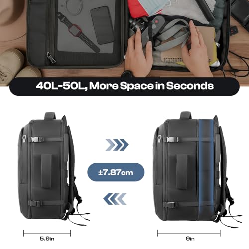 Sirmaeed Carry on Backpack for 1-10 Days Trips, Extra Large 40L-50L Travel Backpack TSA Approved, Expandable Laptop Bagpack, Water Resistant Bag Compatible with 17.3 inch Laptops, Black