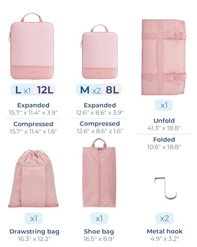 BAGSMART Hanging Compression Packing Cubes for Closet Organizers And Storage, 6 Set Suitcase Organizer Bags Set, Cruise Travel Essentials for Women, Latte Brown