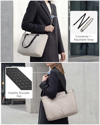 LUGGEX Laptop Tote Bag,13-16 Inch Laptop Lightweight Work Tote, 20L Water-Resistant Nylon Computer Shoulder Bag with Padded Sleeve, Bottle Holders & Luggage Strap (LTX04, Beige)