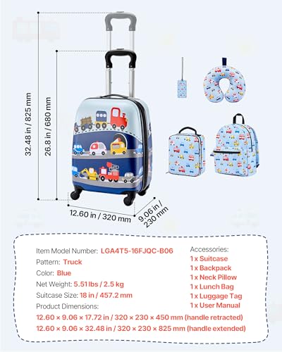 VEVOR Kids Luggage Set, 5 Piece, 18 Inch Hardside Rolling Wheels Suitcase with Backpack & U-shape Pillow, Truck Kids Carry on Luggage Set, Holiday Birthday Gift for Girls Boys, Airline Approved
